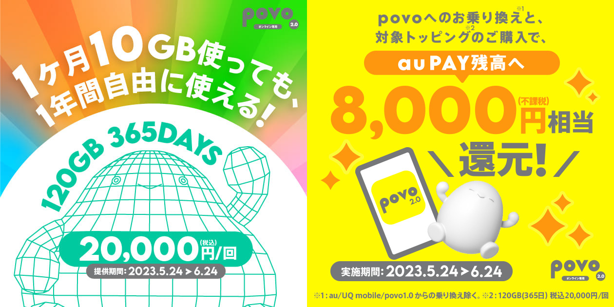 povo2.0、「データ追加120GB（365日間）20,000円」を期間限定で提供。MNPなら8,000円相当のau PAY残高を還元！